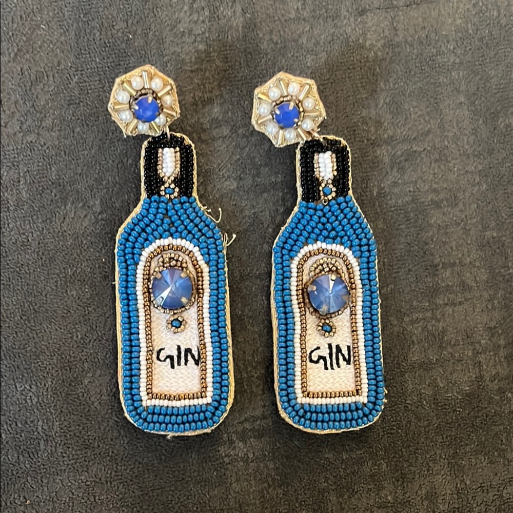 Blue Beaded Gin Bottle Earrings